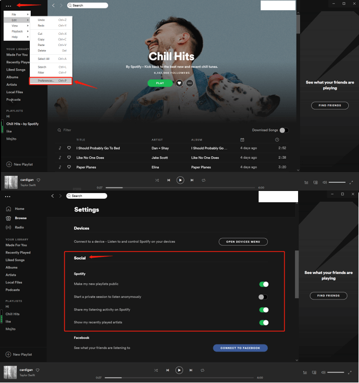 Gå till det "sociala" alternativet på din Spotify Ansökan