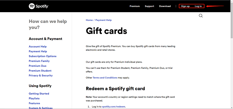 Accedere al Spotify Pagina della carta regalo
