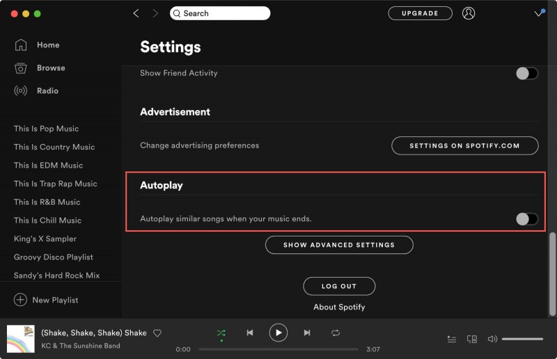 Apagando Spotify Reproducción automática en Configuración