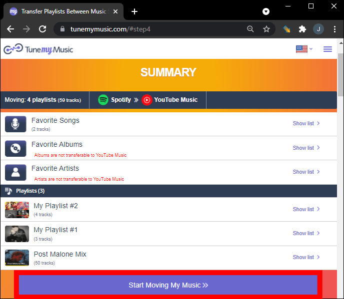 TuneMyMusic Inizia a spostare la mia musica