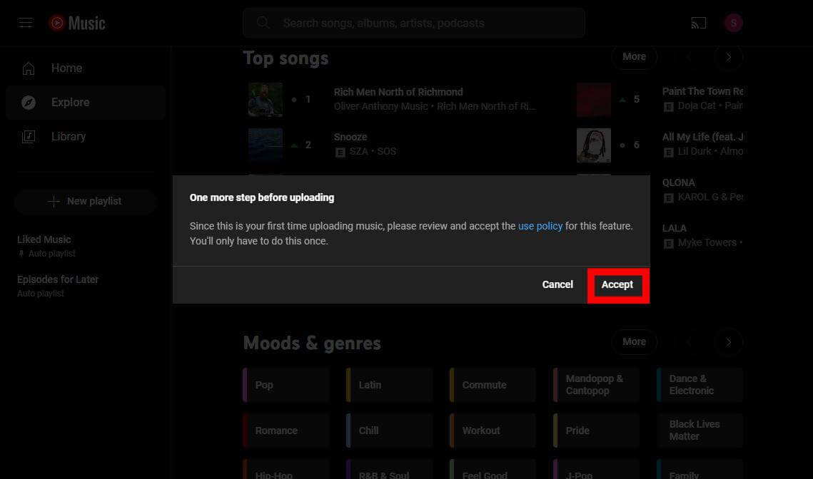 Accettazione della politica di utilizzo di YouTube Music