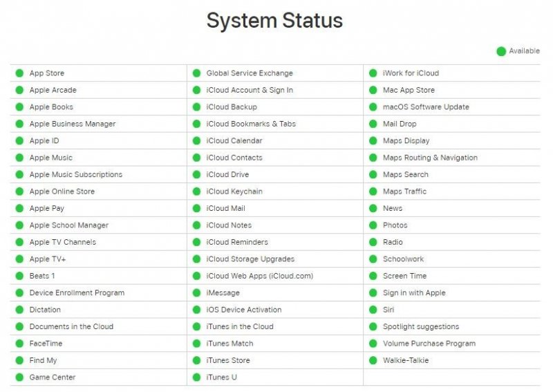 Verifique o status do serviço do iCloud