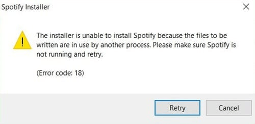 Impossibile installare Spotify Error Code 18