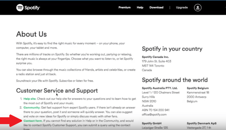 Haga clic en el formulario de contacto para eliminar Spotify Mi Cuenta