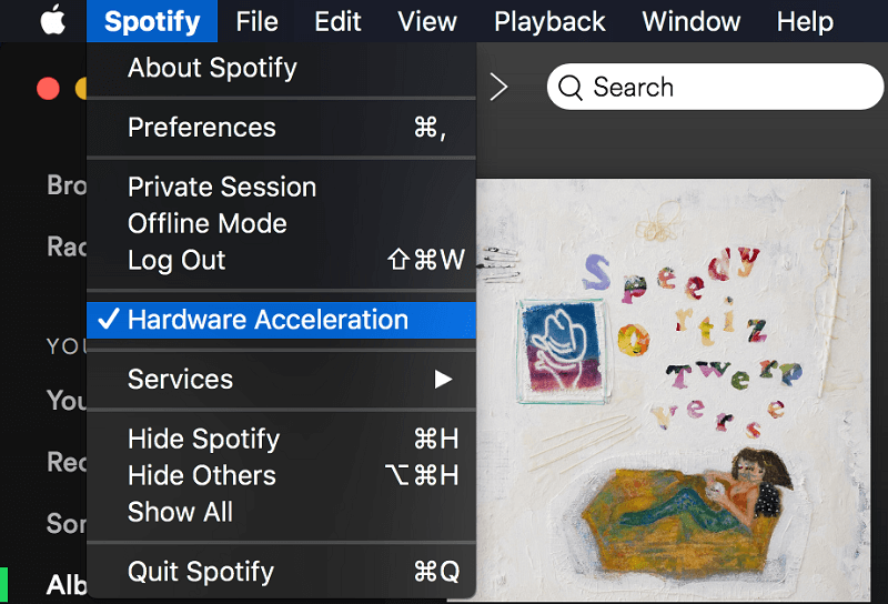 Deshabilite la configuración de aceleración de hardware en Spotify