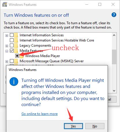 Odznacz program Windows Media Player