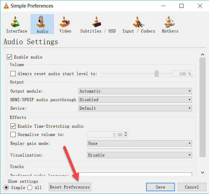 Restablecer preferencias de audio VLC