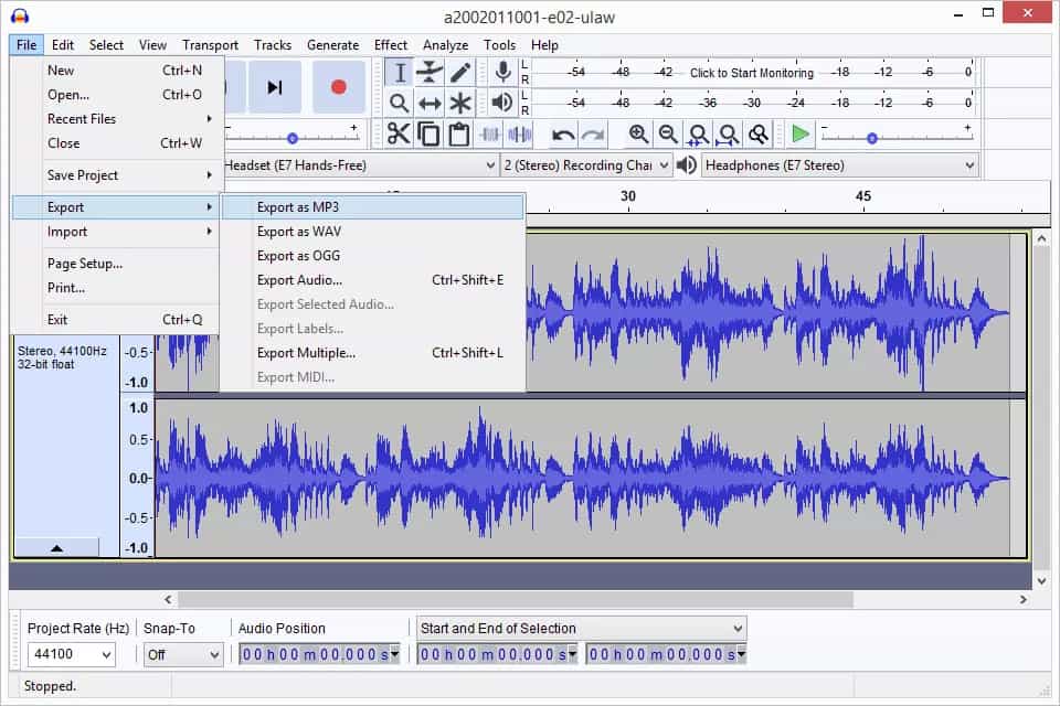 Use Audacity Export As MP3